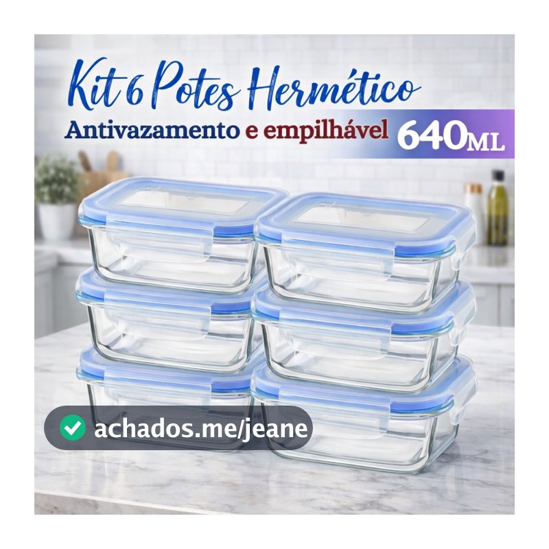 Kit 6 Potes Herméticos Vidro 640ml Retangular Tampa 4 Travas Marmita Freezer Cozinha