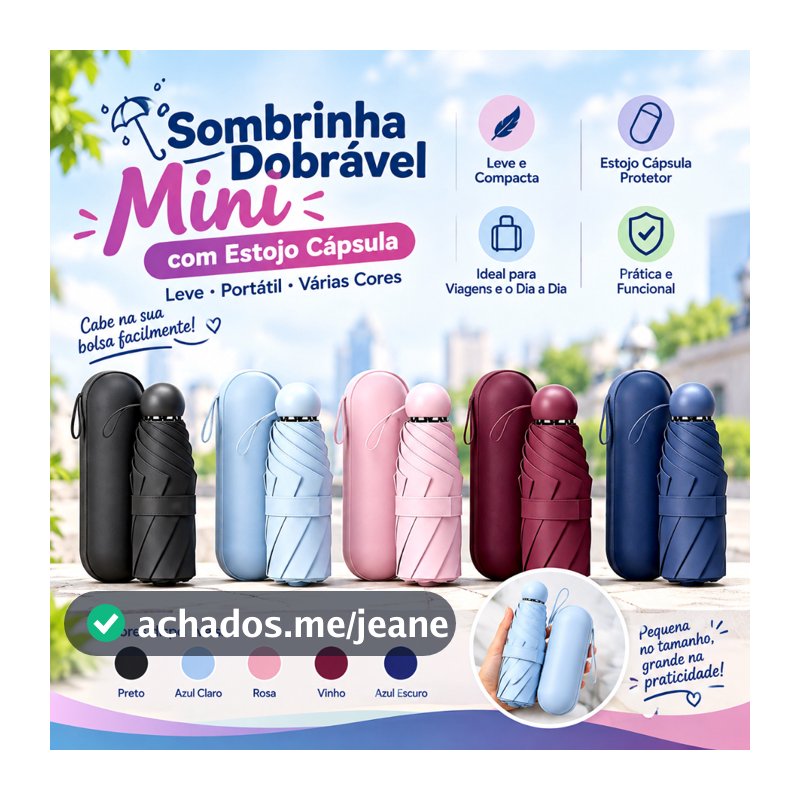 Sombrinha Dobrável Mini com Estojo Cápsula Leve Portátil para Bolsa Várias Cores