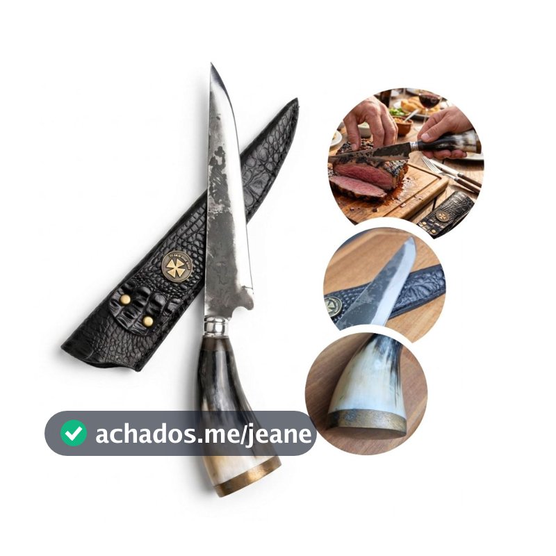 Faca Artesanal Churrasco Aço Carbono 9" Polegadas Cabo de Chifre de Boi Bainha de Couro Profissional