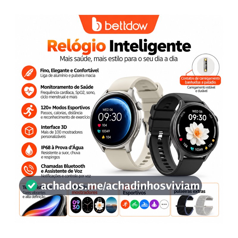 Smartwatch BETTDOW FB060 IP68, liga de zinco, 3D dinâmico, monitora saúde completo e tem assistente de voz.
