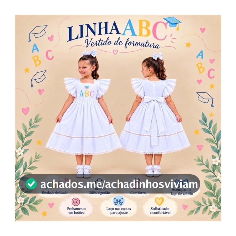 Vestido branco luxo infantil formatura ABC bordado vestido algodão + laço de cabelo roupa festa formatura menina
