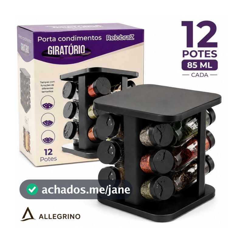 Porta Condimentos Giratório 12 Potes 85ml Organizador De Temperos Preto Cozinha Moderno