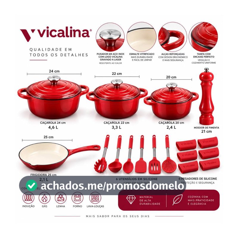 Jogo kit de panelas ferro fundido esmaltadas vitrificadas Vicalina 20 peças