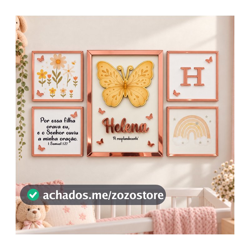 Kit 5 Quadros Decorativos Tema Borboleta com Nome e Versículo - Decoração Quarto Bebê Menina
