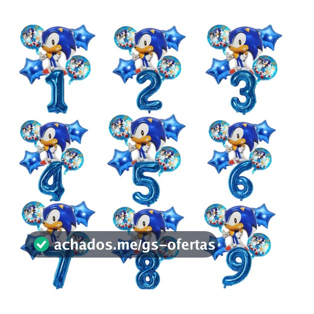 Kit Balões Sonic Número Festa Balão Metalizado Personagem + Estrelas Decoração Aniversário Infantil