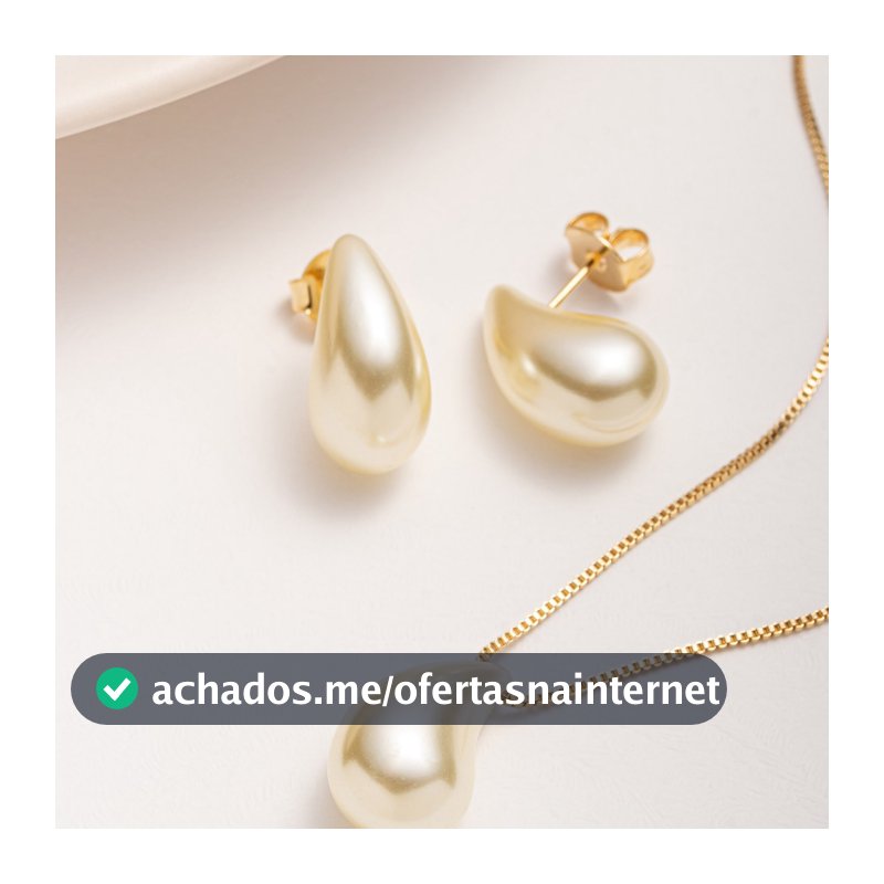 Brinco e Colar Gota Dágua Pérola Banhado Ouro 18K