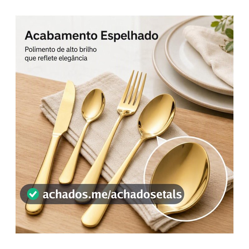 Jogo de Talheres 24 Peças Aço Inox Dourado - 6 Facas, 6 Garfos, 6 Colheres de Mesa e 6 Colheres de Chá