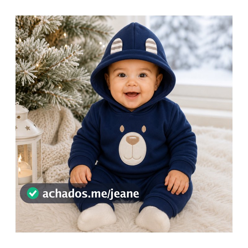 Conjunto Bebê Menino em Soft Bordado Capuz com Orelhinha 2 Peças Casaco + Calça para Bebês