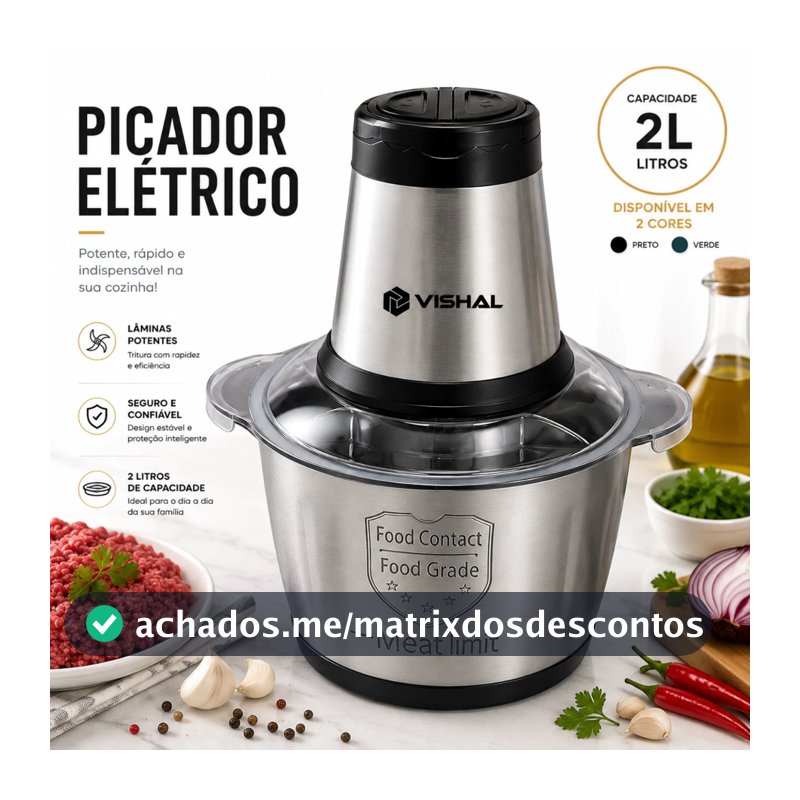 2 Litro Triturador De Alimentos Carne e Legumes Elétrico Multiprocessador 2 Modos Bivolt Inox Fácil De Limpar