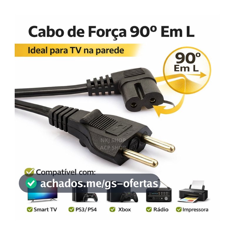 Cabo Força Bipolar Tipo 8 90 Graus Em L TV Samsung LG PS4 PS5 TV Impressora Rádio
