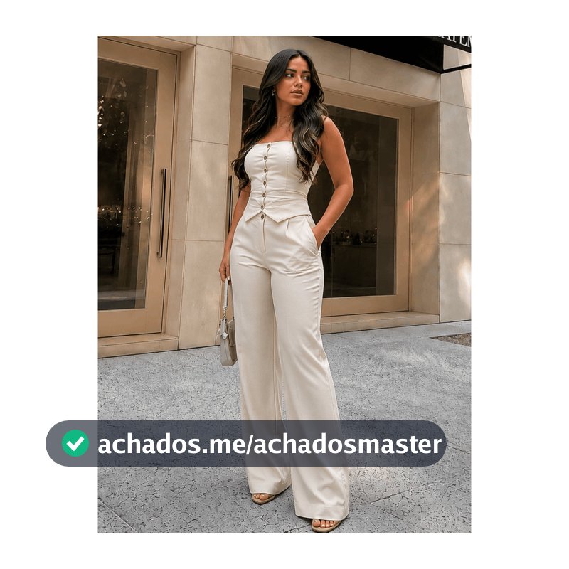 Conjunto Alfaiataria Cropped Tomara que Caia Social Elegante Calça Pantalona Blusa Elástico Lastex Botão Verão Feminino-