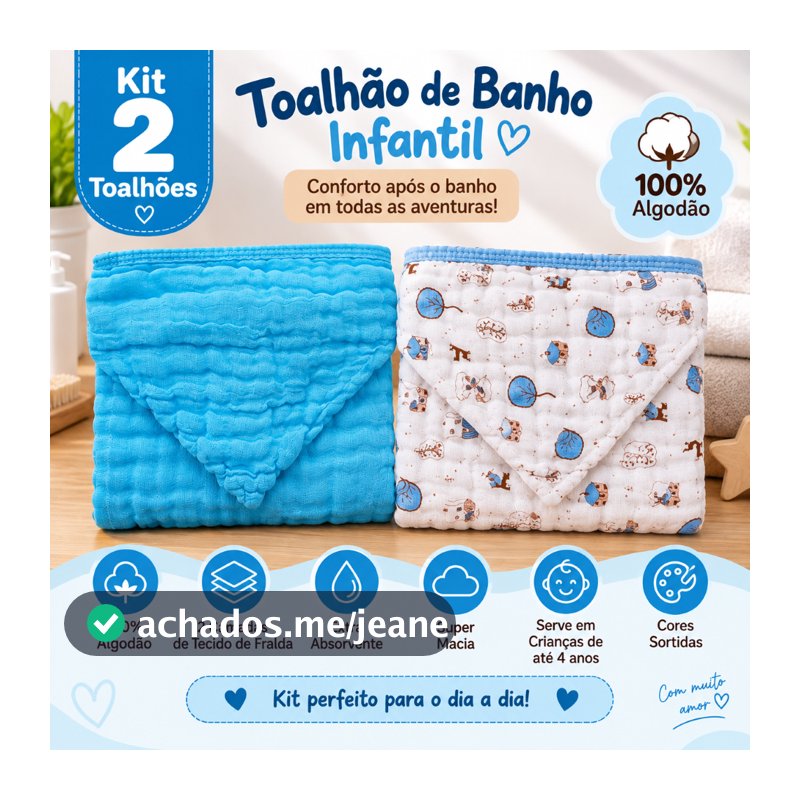 Kit 2 Toalhões de Banho Grande Infantil 2 Camadas Soft com Capuz 100% Algodão Menino Menina