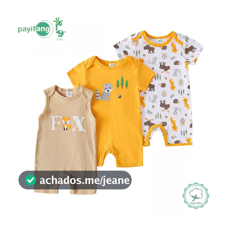 Kit 3 bodies unissex manga curta bebê 0-18M, 100% algodão, diversos modelos, tecido macio e confortável para uso diário