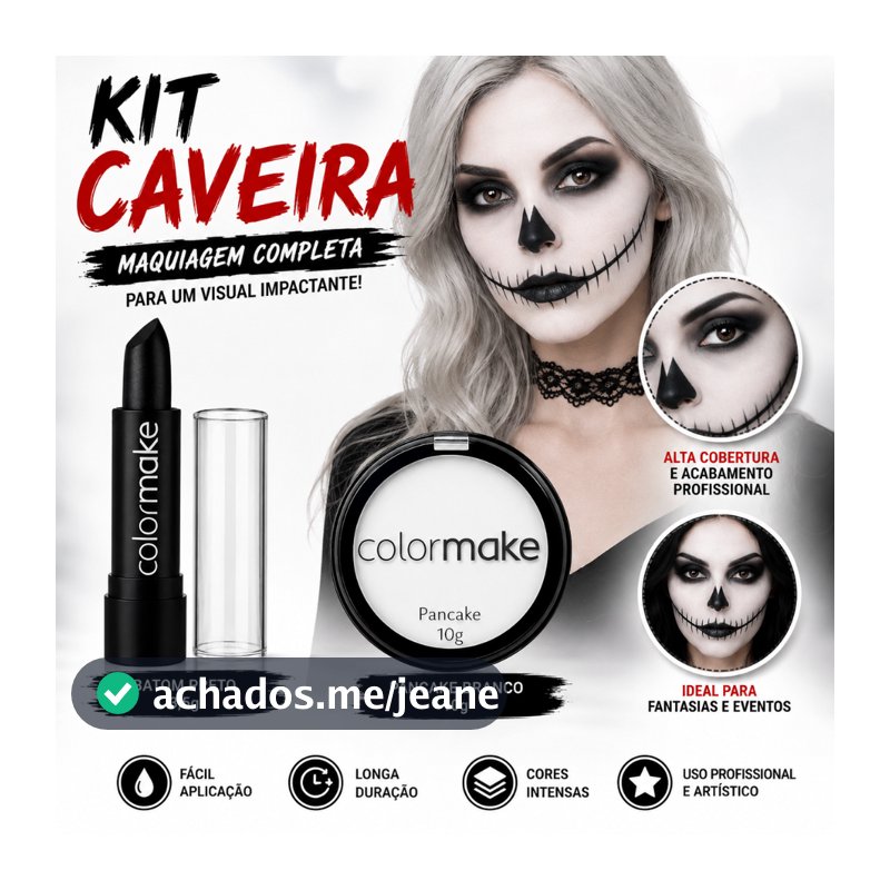 Kit Pancake Branco + Batom  Preto Halloween Maquiagem Artística Bruxa Festa Fantasia Colormake