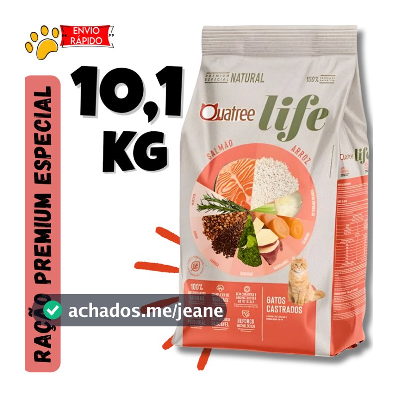 Ração Quatree Life Gatos Castrados Sabor Salmão 10,1kg