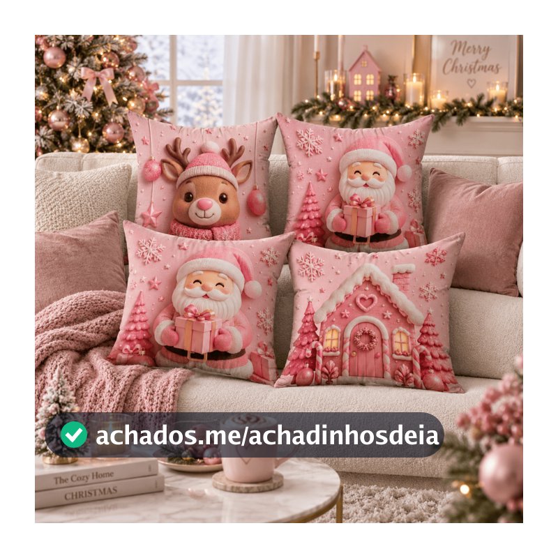 Kit 4 Capas de Almofadas Natalinas 45x45cm Papai Noel Rena Casinha Rosa Enfeite de Natal