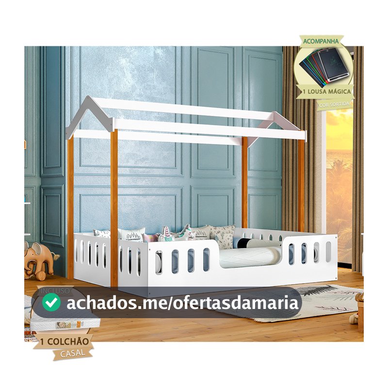 Cama com Colchão D28 Montessoriana Casal Infantil Ágatha com Lousa Mágica - Branco/amêndoa