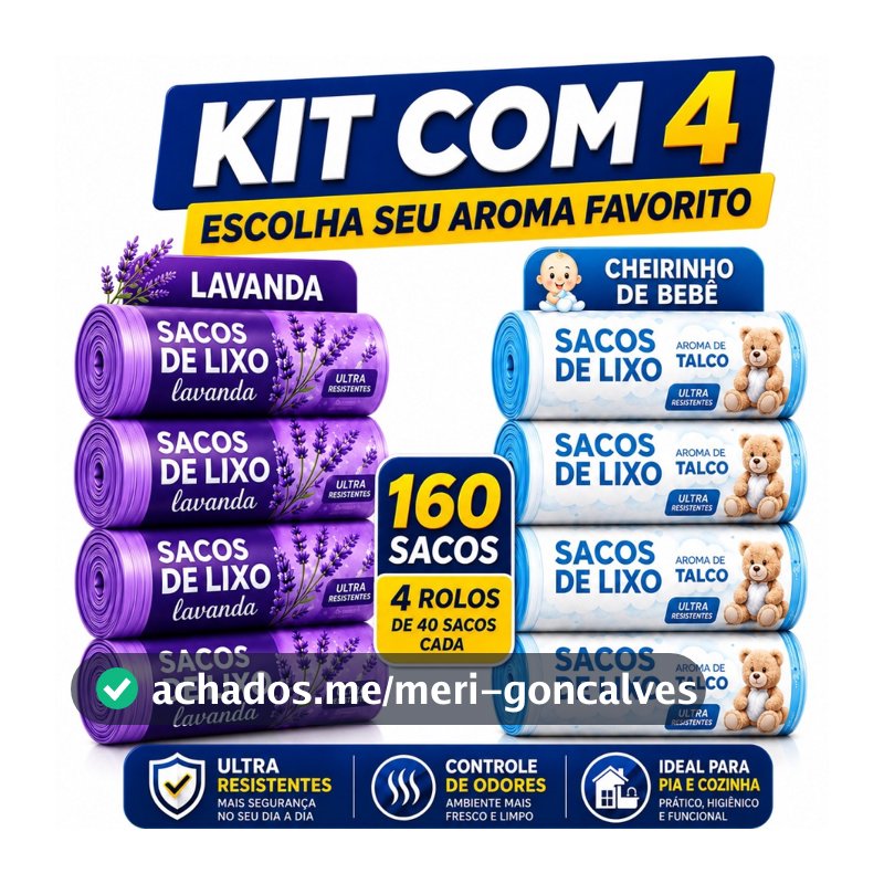 Kit 4 Rolos de Sacos de Lixo 10L 160 Unidades Perfumado Lavanda Talco Cheirinho Bebê Pia Banheiro