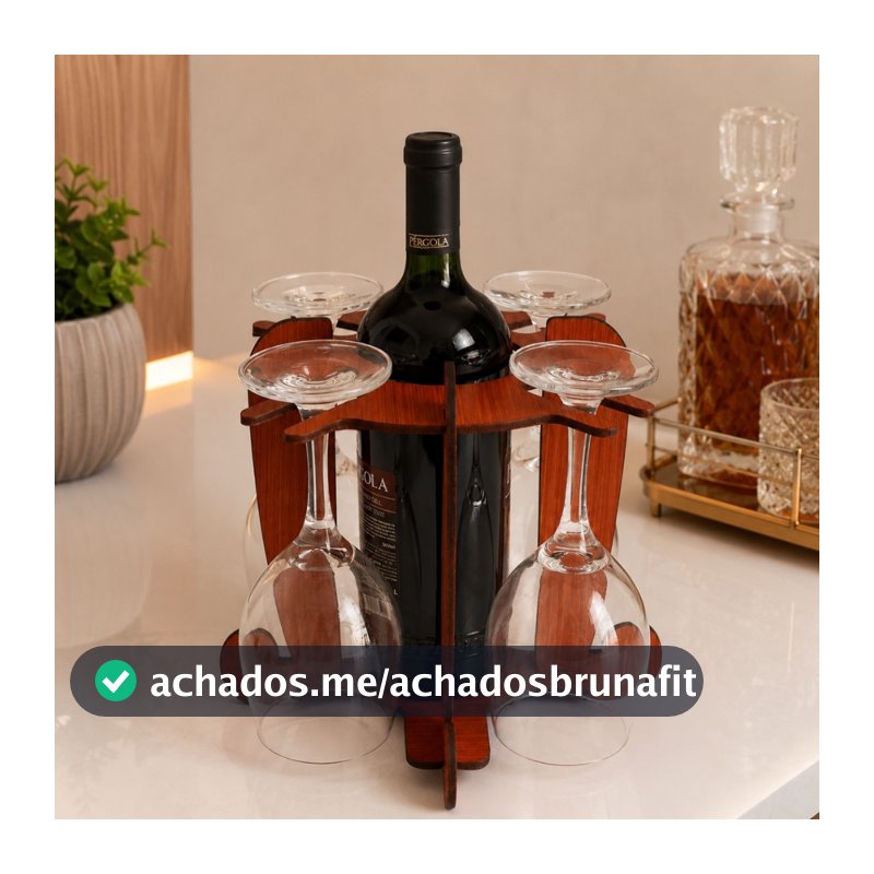 Adega de Vinhos Licor MDF Suporte 4 Taças Porta Garrafas Organizador Bancada Mesa Decoração