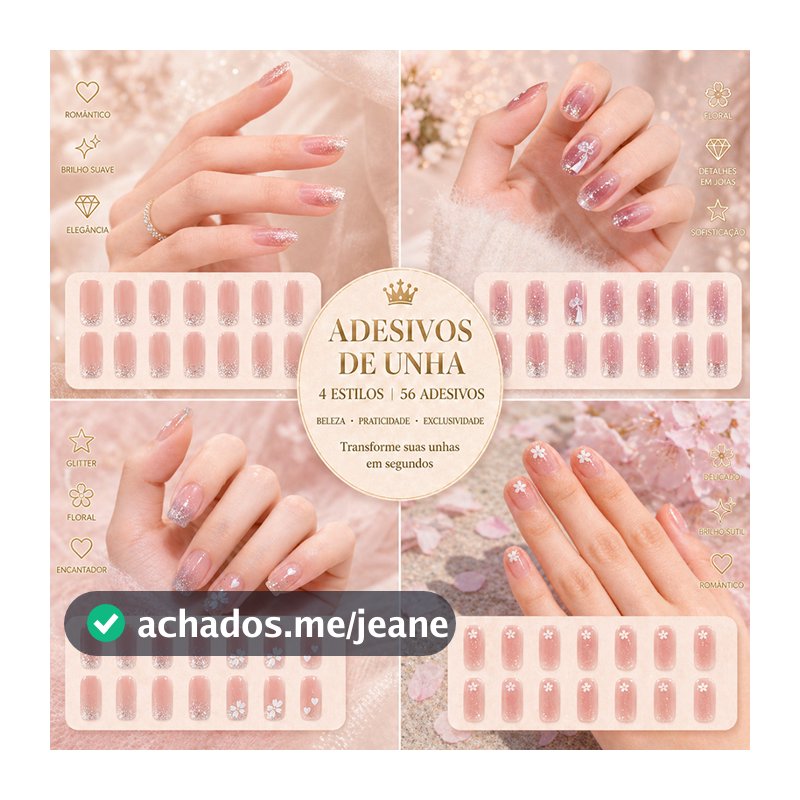 Adesivo Gel para Unhas 4 Estilos 56 Adesivos Unhas Decoradas Rosa e Brilho