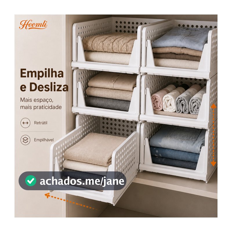 Cesto Organizador Dobrável Empilhável para Guarda-Roupa com Acesso Deslizante Heemli