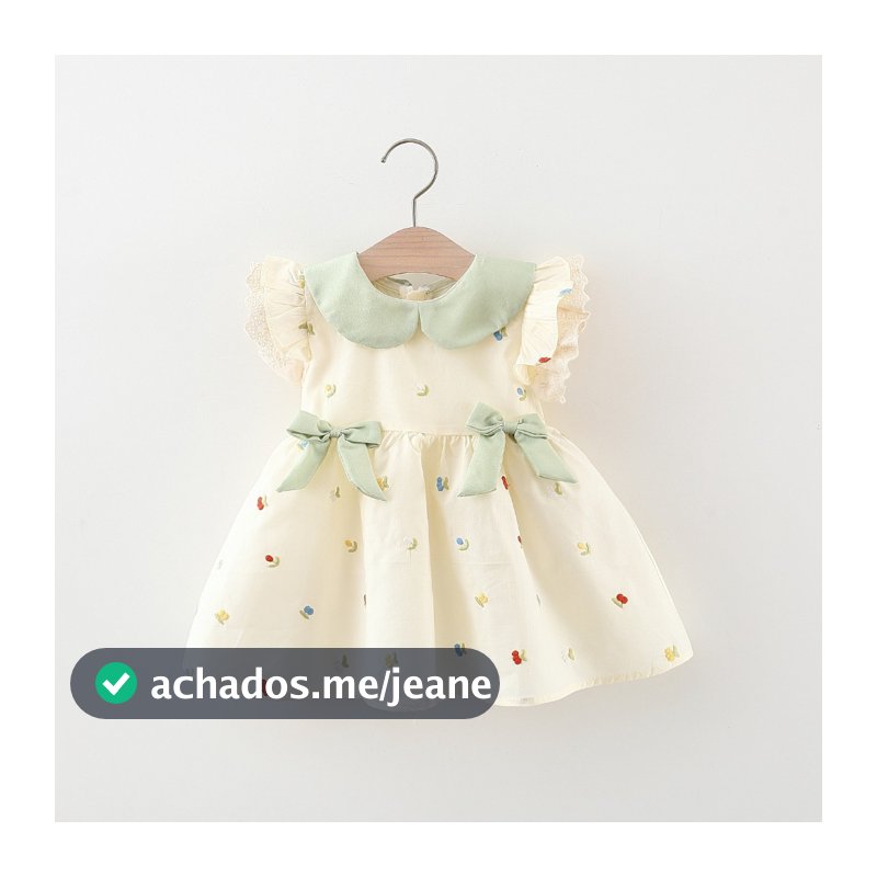 Verão Novo Arco Verde Boneca Pescoço Vestido De Menina , Estilo Coreano Colorido Pequena Flor Roupas Infantis Sem Mangas