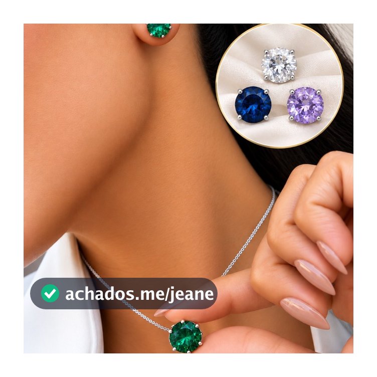 Conjunto Colar Veneziana e Brinco Ponto de Luz Prata 925  Conjunto Zircônia Cores Caixa Alta Redonda 10mm em Prata
