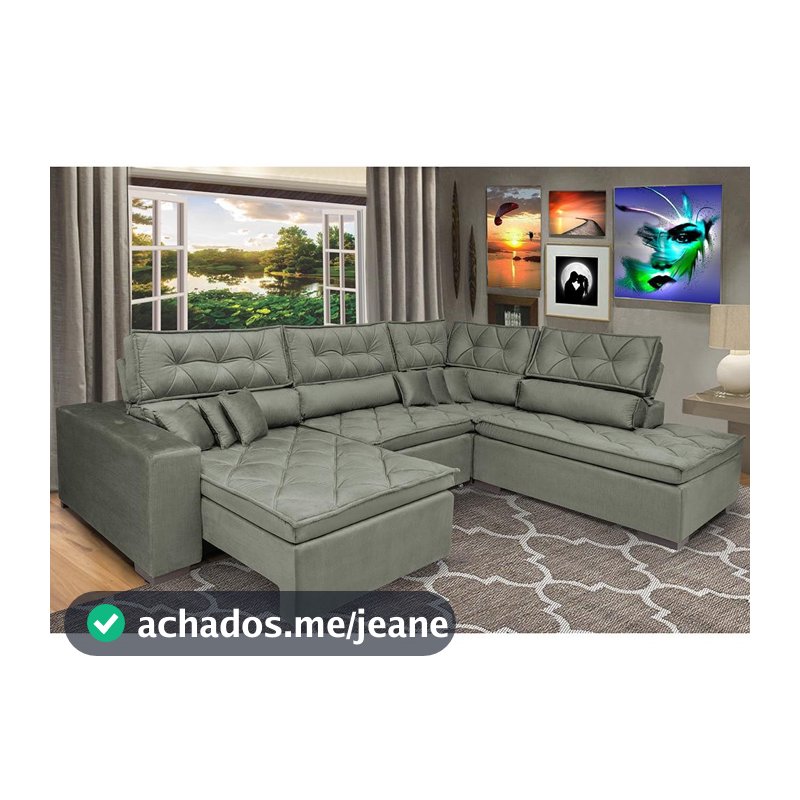 Sofa de Canto Retrátil e Reclinável com Molas Cama inBox Platinum 3,00x2,36 Tecido Suede Cinza