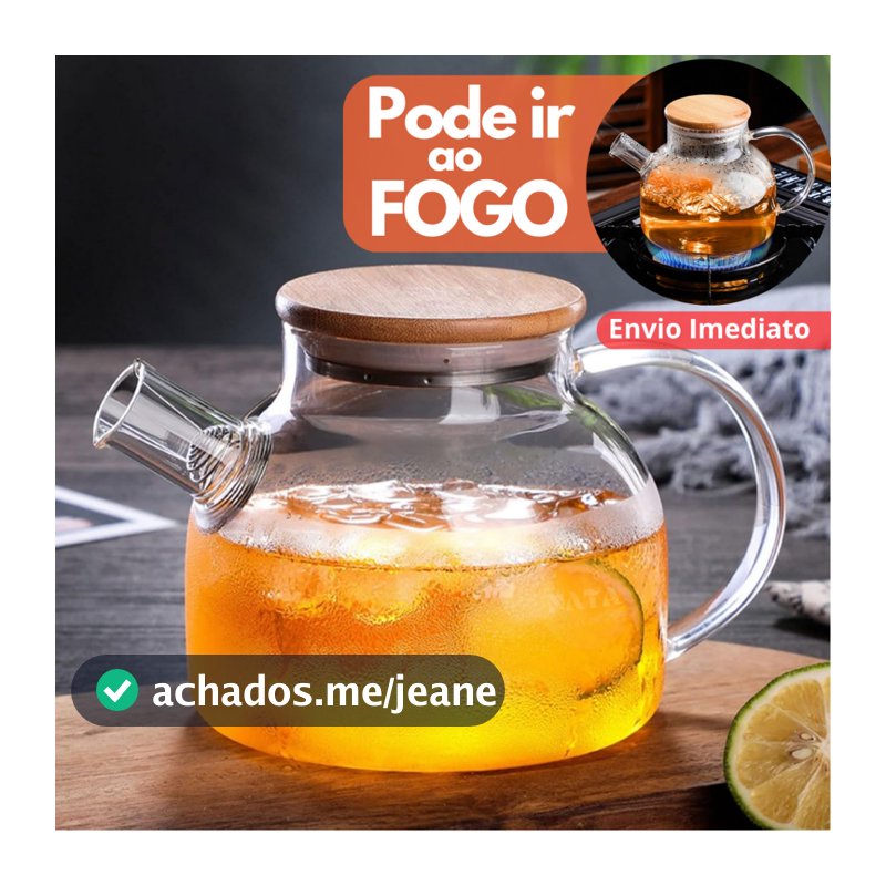 Chaleira de Vidro 1L com Coador Tampa de Bambu Premium Bule infusor Resistente a Calor de ir Ao Fogo