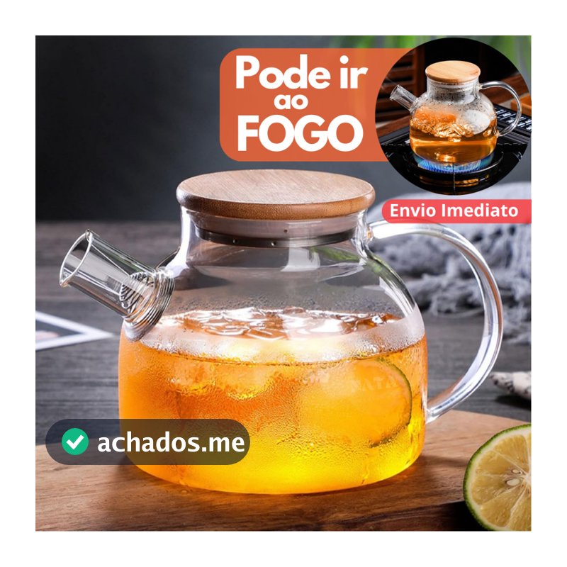 Chaleira de Vidro 1L com Coador Tampa de Bambu Premium Bule infusor Resistente a Calor de ir Ao Fogo