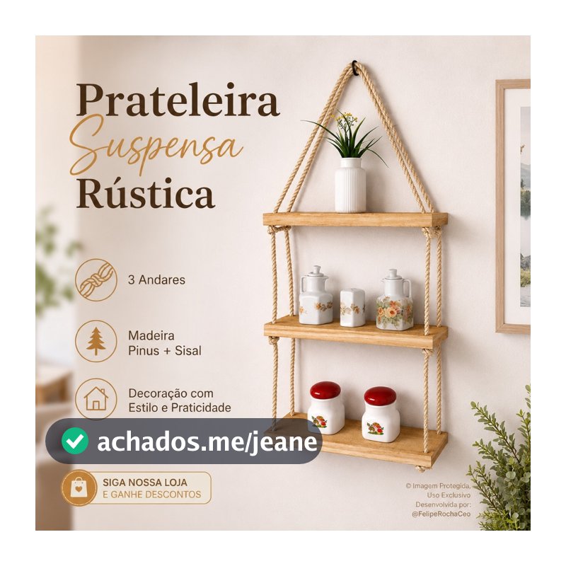 Prateleira Suspensa Madeira Pinus 35x10cm Corda Sisal 2 ou 3 Andares Rústica Parede Cozinha Banheiro