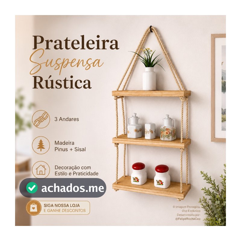 Prateleira Suspensa Madeira Pinus 35x10cm Corda Sisal 2 ou 3 Andares Rústica Parede Cozinha Banheiro