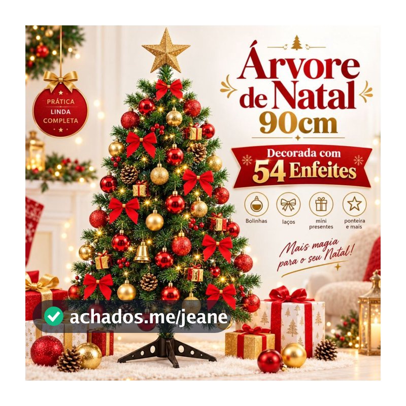Árvore de Natal 90cm Decorada Completa 54 Enfeites Luzes