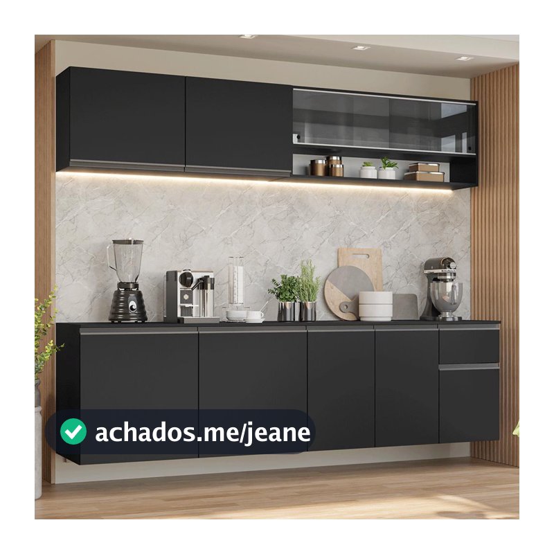 Armário de Cozinha Completa 260 cm Suspenso Preto Nice Madesa 05