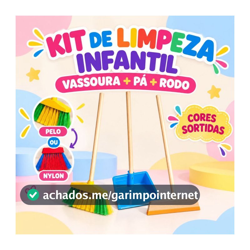 Kit Limpeza Infantil Mini Vassoura Rodo Pá Brinquedo Educativo Cabo de Madeira Kit da Criança feliz