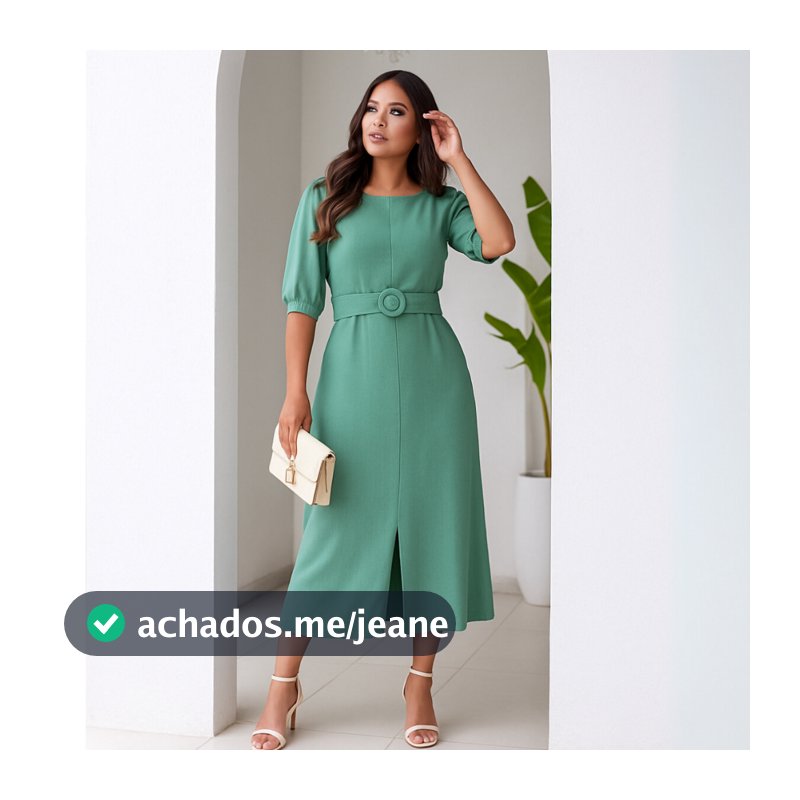 Vestido Mídi Feminino Evangélico Forrado com Fenda e Cinto