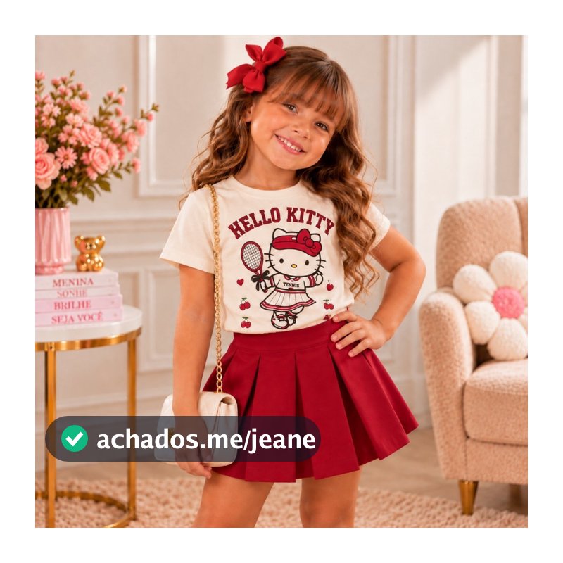 Conjunto Infantil Hello Kitty Menina Blusinha Algodão + Short Saia Alfaiataria Premium 4 ao 12