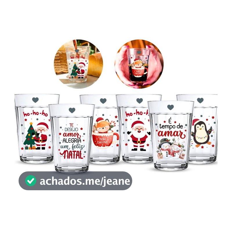 Jogo 6 Copos Americanos 190ml Vidro Especial Frase Feliz Natal Mesa Posta Decorativa Agua Cafe Suco