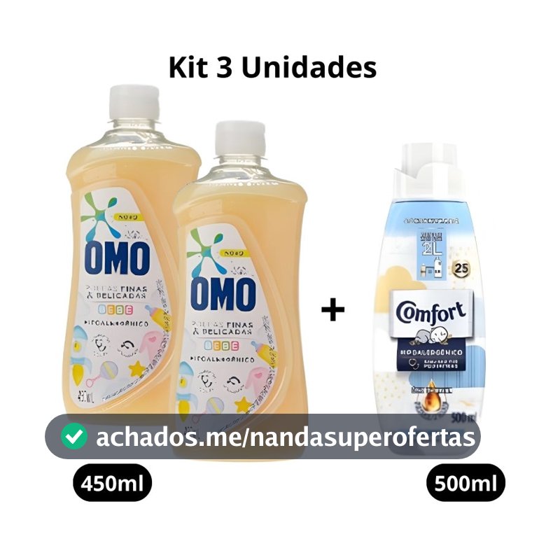 Kit 2 Lava Roupas Omo Roupas Delicadas Bebê 450ml + 1 Amaciante Comfort Puro Cuidado 500ml