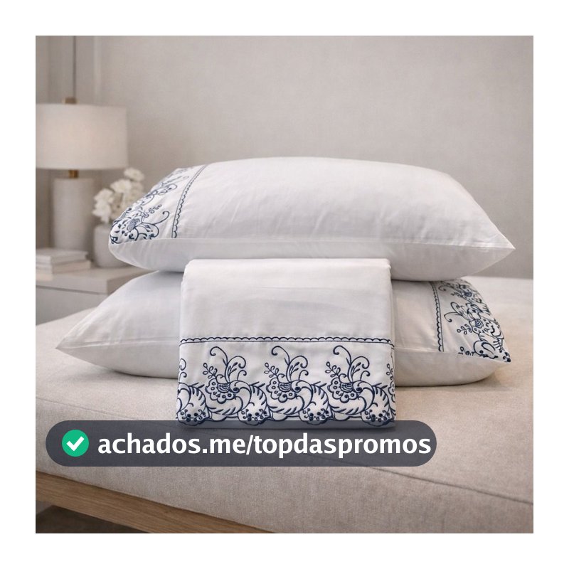 Jogo de Lençol Casal 4 peças Toque de Seda com bordado inglês Jolitex