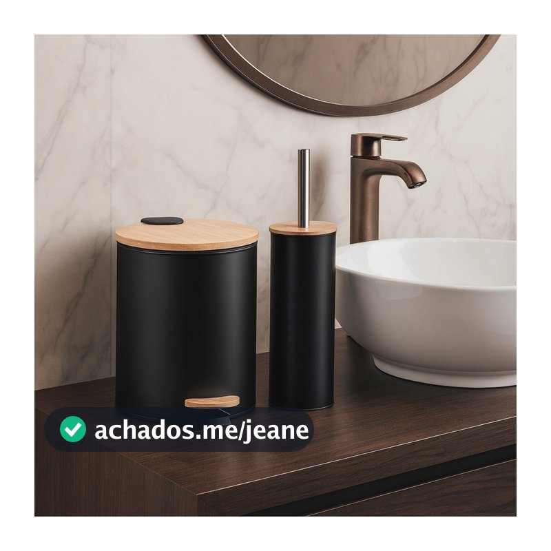 Kit Banheiro Conjunto 2 Peças Lixeira com Tampa De Bambu Lavabo Escova Sanitária