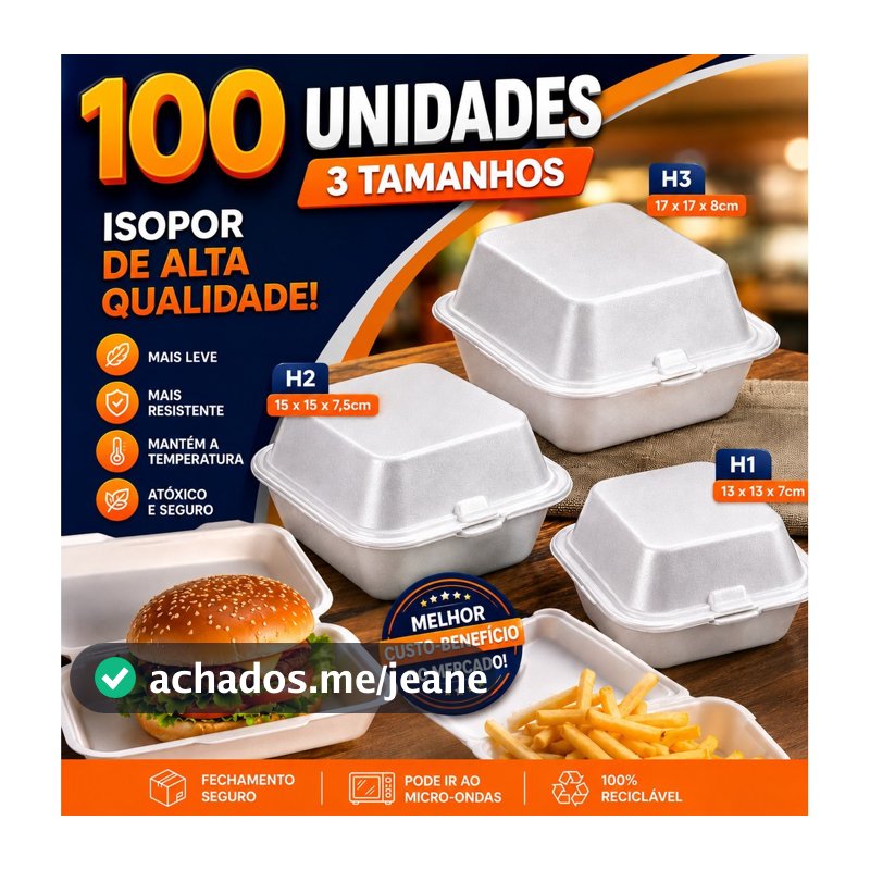 100 Marmitas de Isopor H1 H2 H3 | Embalagem para Lanches, Hambúrguer, Batata, Doces e Fatias de Bolo