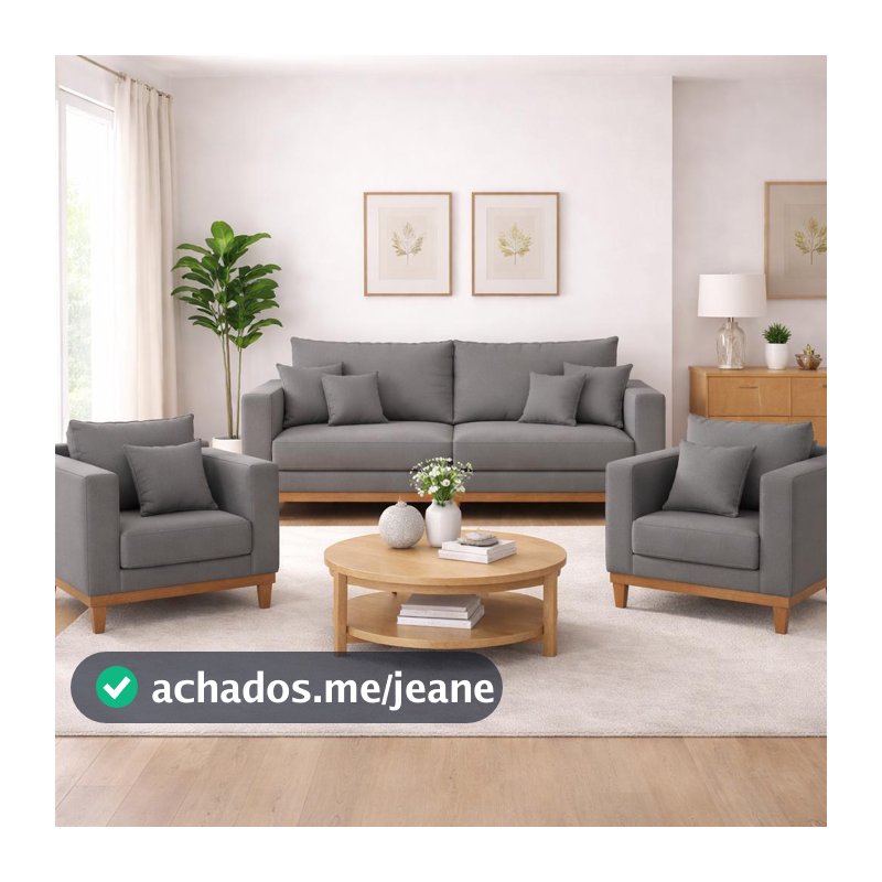 Kit 2 Poltronas Living + Sofá 2 Lugares com Base Madeira Linho