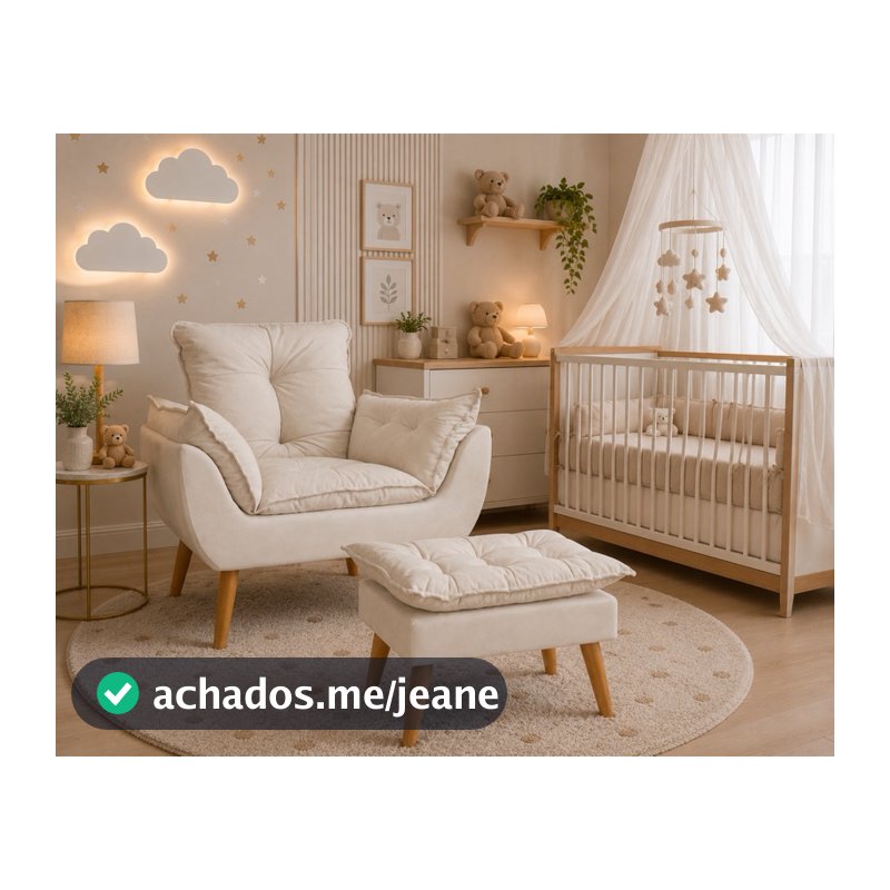 Kit poltrona mais puff amamentação opala pés palito suede bege