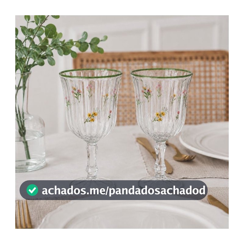 Kit 2 Taças Florence Wolff 230ml Vintage Floral Borda Verde | Taça de Vidro Elegante Mesa Posta