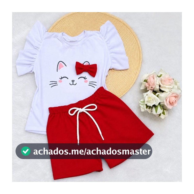 Conjunto Gatinha Infantil Menina Short Vermelho E Blusa Estampada Confortável Bebê Delicado Fashion