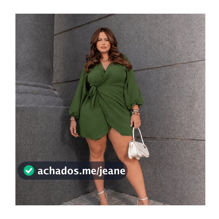 Vestido Curto Plus Size Feminino Verde Oliva Envelope Amarração Manga Longa Casual Decote V Elegante Moda Festa