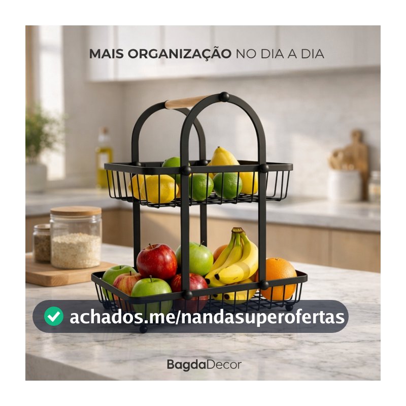 Fruteira 2 Andares Ferro e Madeira Organizador Premium para Bancada de Cozinha Moderna Luxo