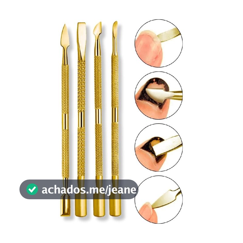 Kit 4 Espátulas Ponta Dupla Dourada Cutícula Podóloga Unhas Manicure Cutilagem Pedicure