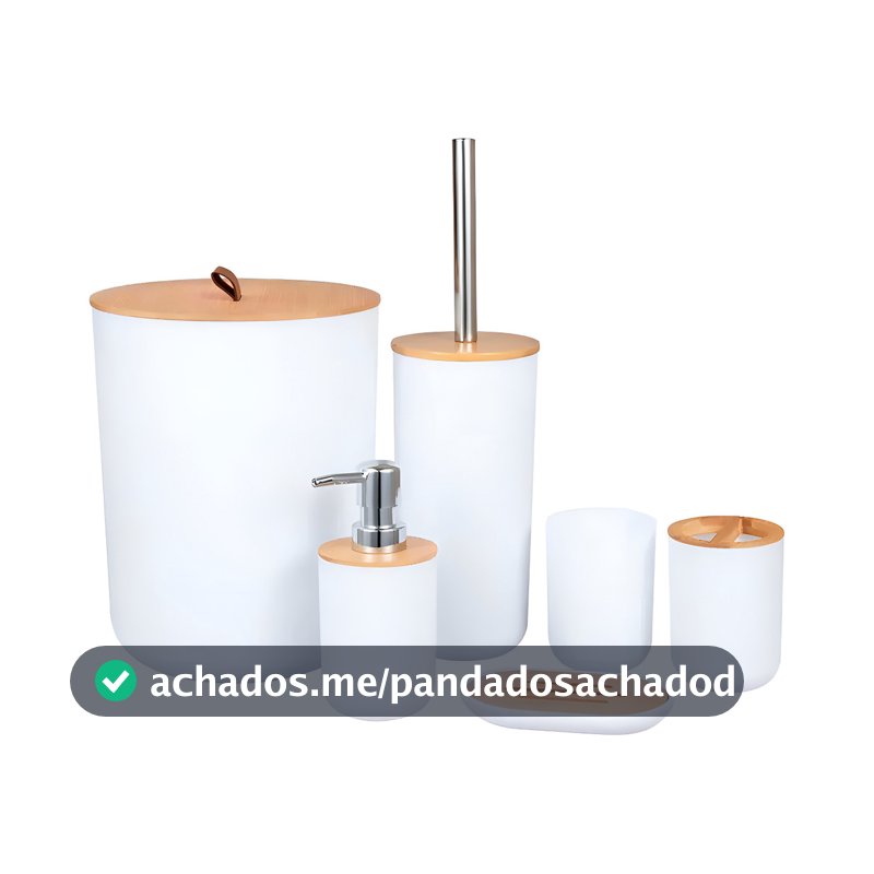 Kit Conjunto Banheiro 6 Peças Lixeira Com Tampa Bambu Plástico Organizador Decoração Lavabo Tippi